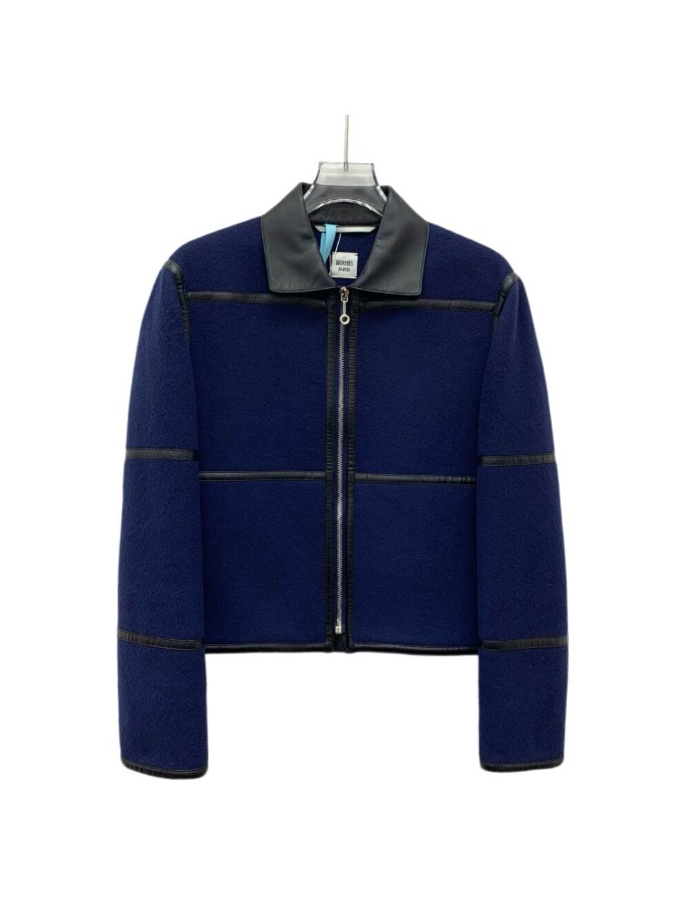 Hermès Navy Blue Cashmere & Lambskin Leather Notched Collar Zip Jacket